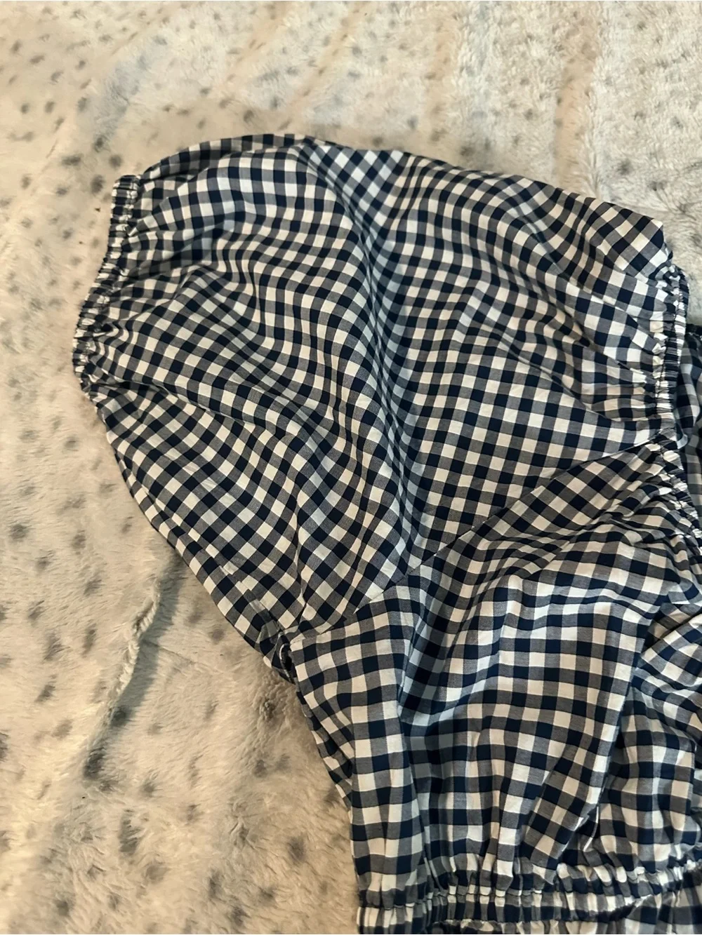 Old Navy Navy and White Gingham Puff Sleeve Peplum Top